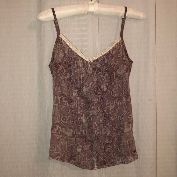 Guess S Burgundy Ivory Lace Ruffle Spaghetti Strap Sleeveless Button Front Top - Picture 1 of 11